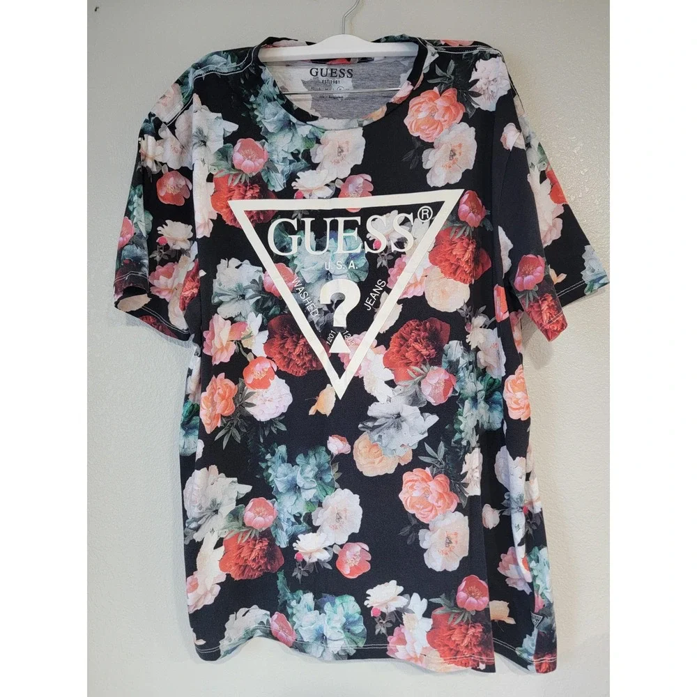 Guess Mens Floral Triangle Logo T-Shirt Black XL M2BI70 K9RM4 Short Sleeve Tee - Picture 1 of 8